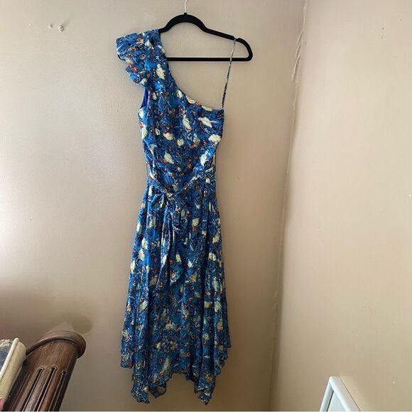 Karina Grimaldi Letitzia Dress LUREX print chiffon blue gold Sz S NWT $306 - Picture 2 of 11